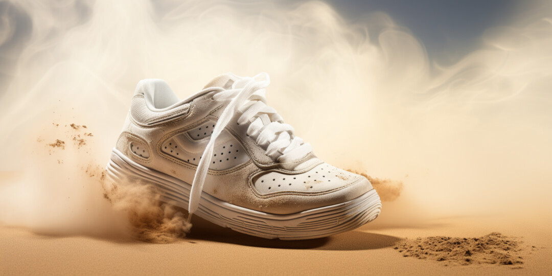 Білі жіночі кросівки в пустелі в піщаній бурі