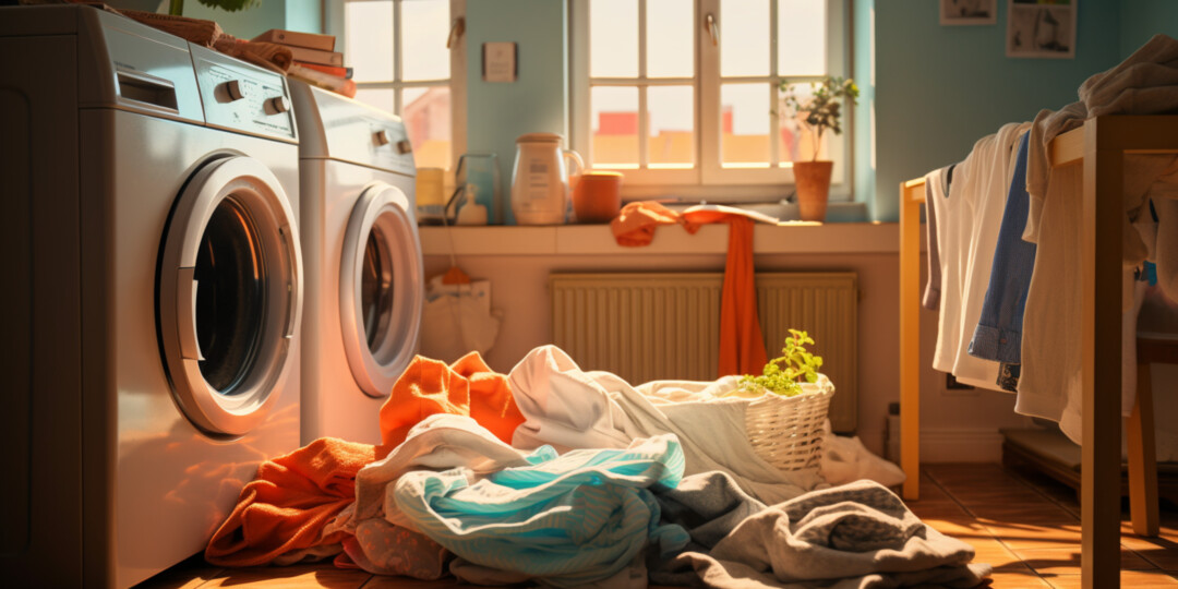 Пральня з пральними машинками та чистим одягом