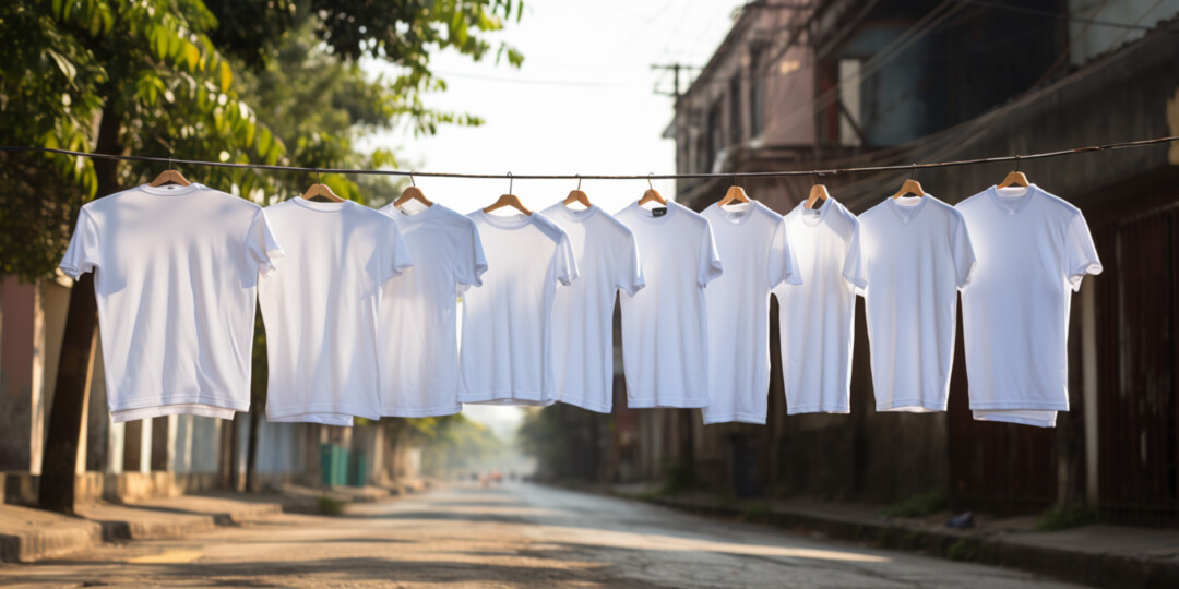 Білі чисті футболки сохнуть на вулиці після прання
