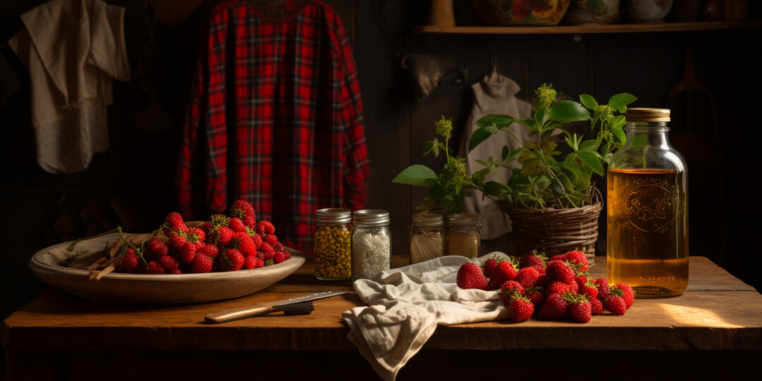 Футболка на столі кухні з ягодами та пляшкою олії