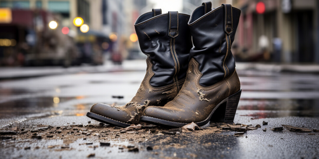 Брудні та порвані чорні жіночі черевики на вулиці