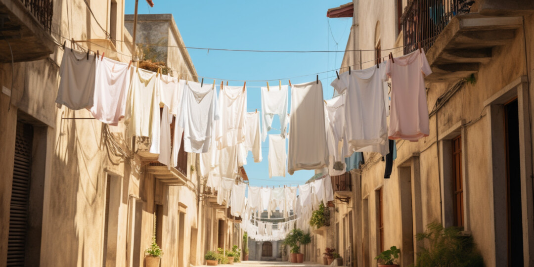 В маленькому місті на вулиці висить та сушиться знебарвлений одяг