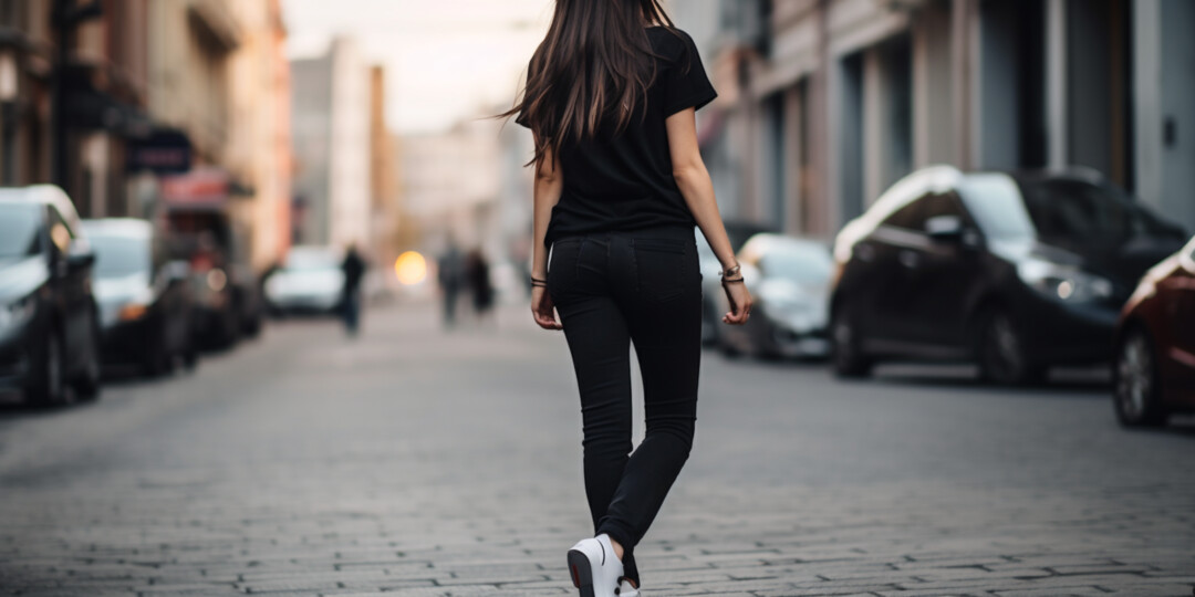 Дівчина гуляє на вулиці в чорній футболці, чорних джинсах та в кросівках