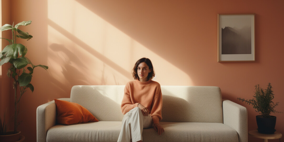 Дівчина в персиковому светрі та в білих штанах сидить на дивані в вітальні