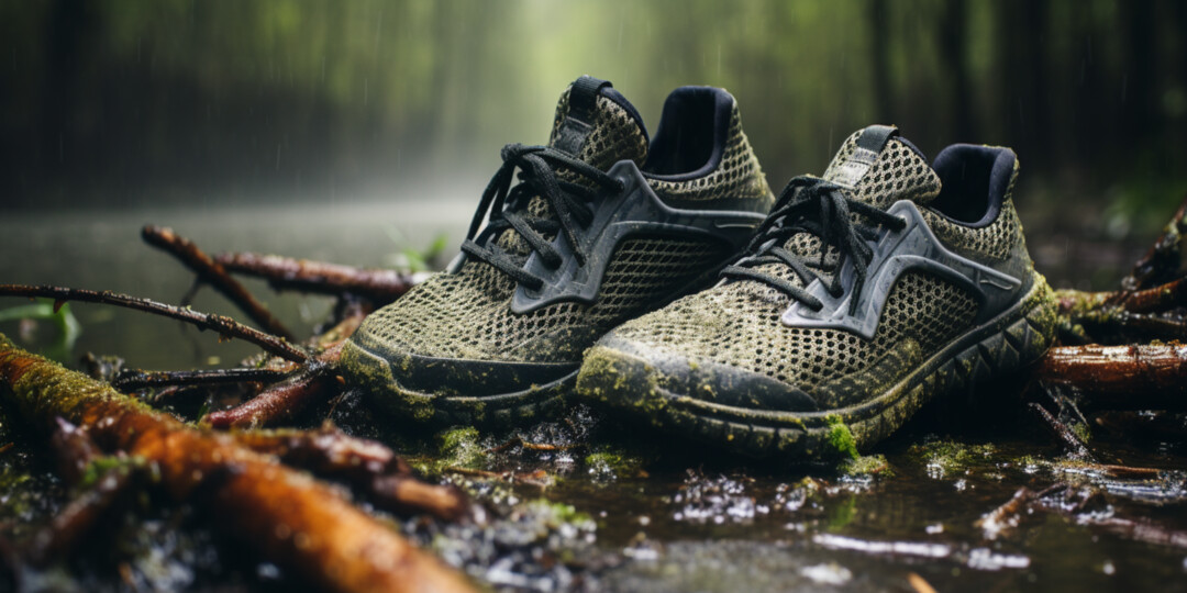 Брудні жіночі кросівки з сіткою в лісі після дощу