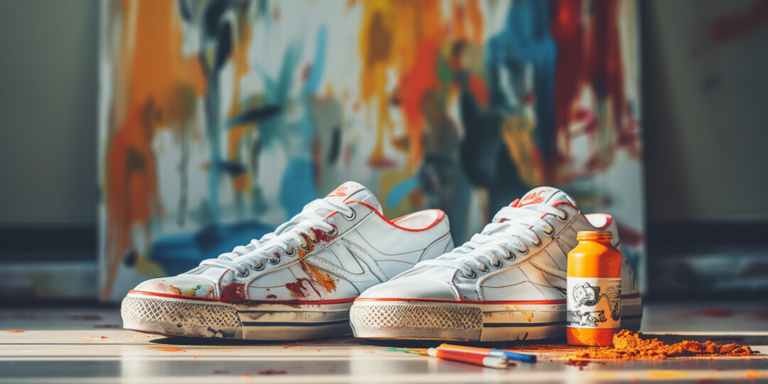 Білі пофарбовані жіночі кросівки поруч з фарбою