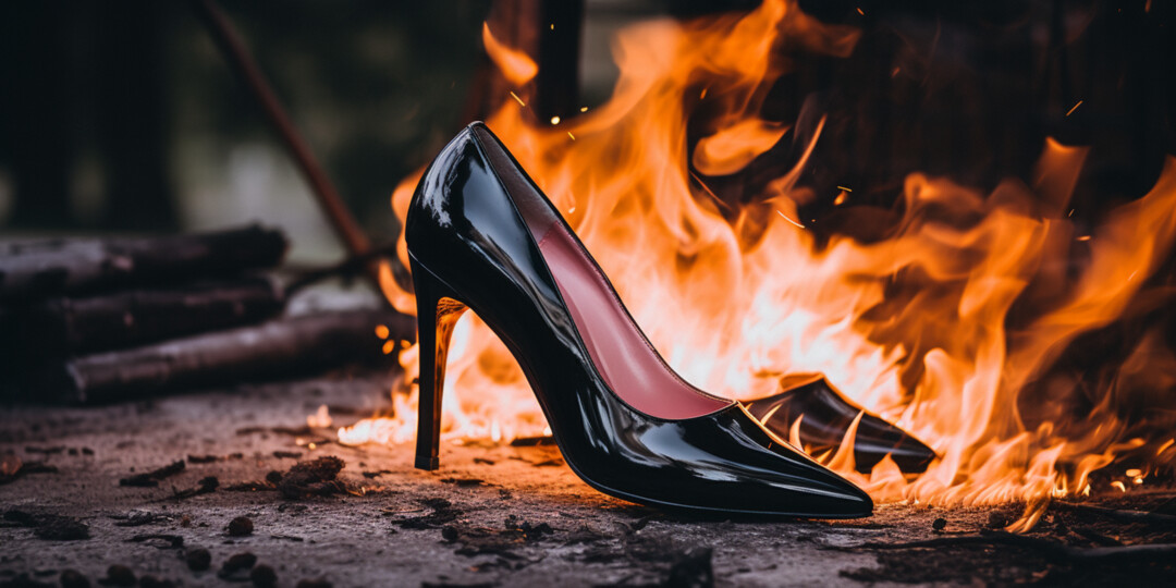 Чорні лаковані жіночі туфлі горять в багатті
