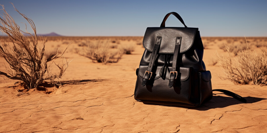 Жіночий шкіряний рюкзак в пустелі під палючим сонцем