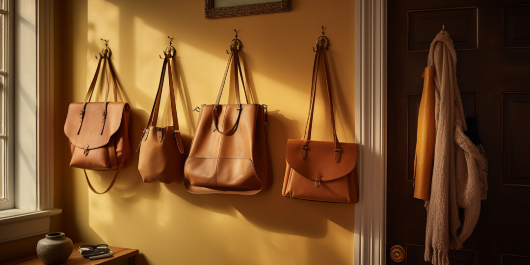 Жіночі сумки на гачках в коридорі