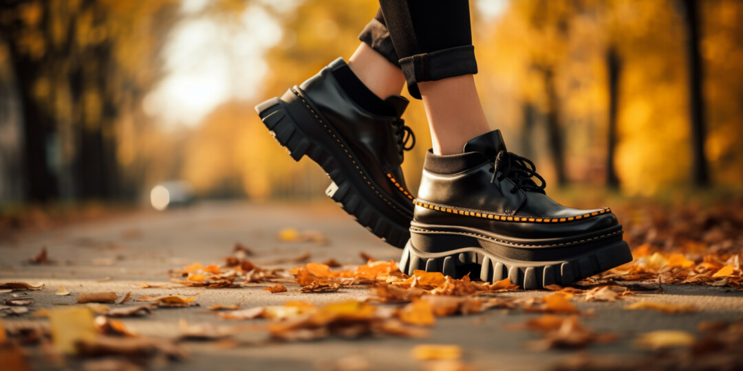 Дівчина йде по осінньому парку в чорних черевиках на платформі