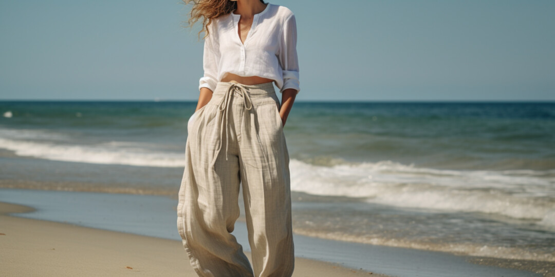 Жінка в лляних штанах на морському пляжі