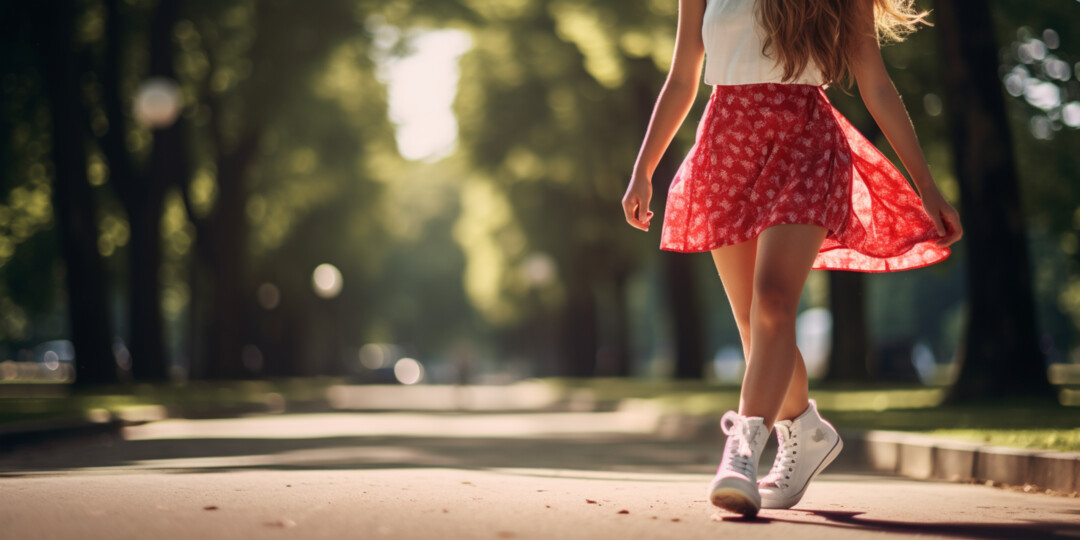 Дівчина гуляє по парку в високих кедах та в літній сукні