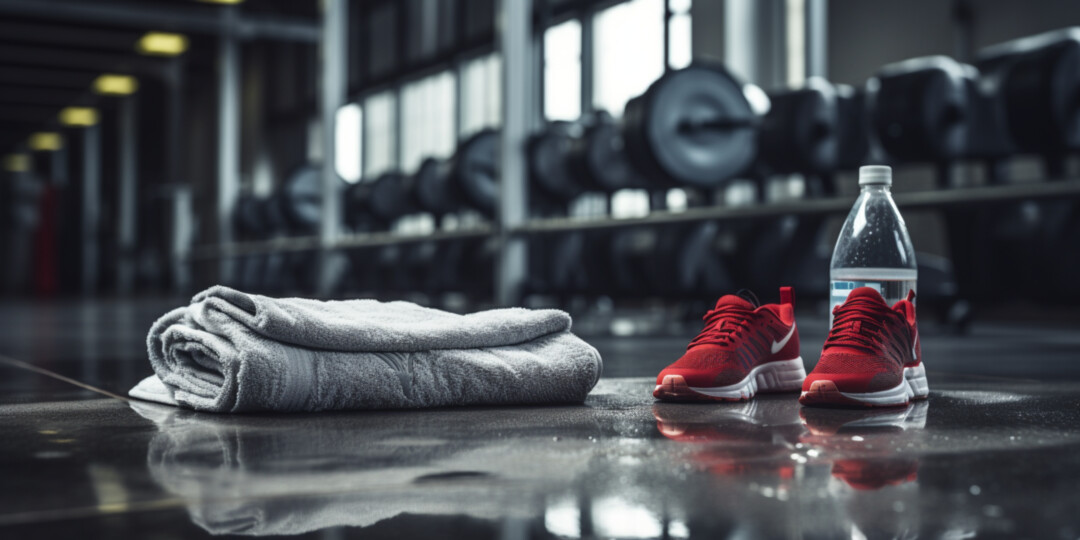 Кросівки з рушником та пляшкою води в спортзалі після тренування