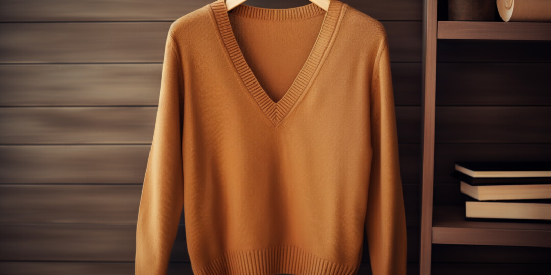 Жіночий коричневий светр з V-подібним декольте на вішалці в гардеробі