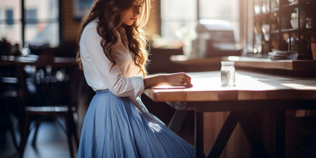 Дівчина сидить в кафе за столиком в довгій синій джинсовій спідниці та в білій сорочці