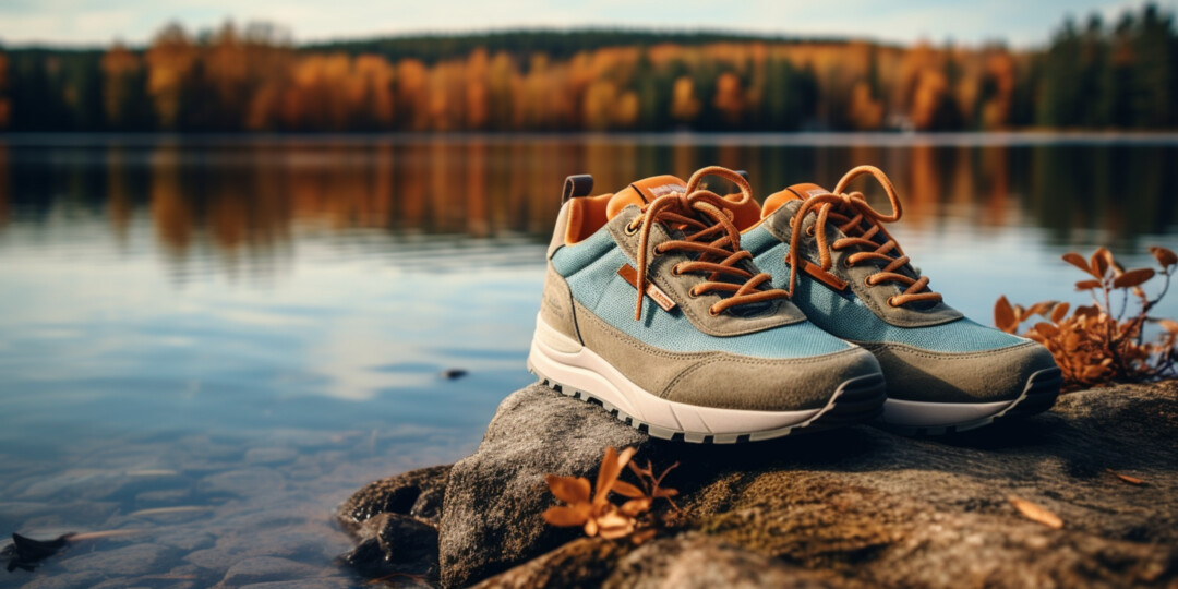 Замшеві жіночі кросівки на березі озера