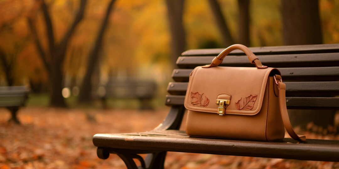 Невелика жіноча сумочка кольору кемел стоїть в осінньому парку на лавочці