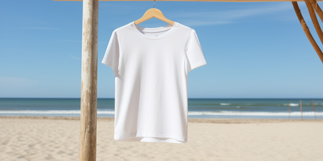 Біла футболка на вішалці на пляжі