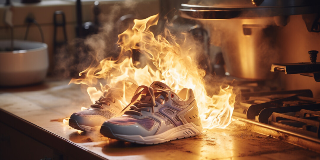 Жіночі кросівки горять від високої температури на кухні
