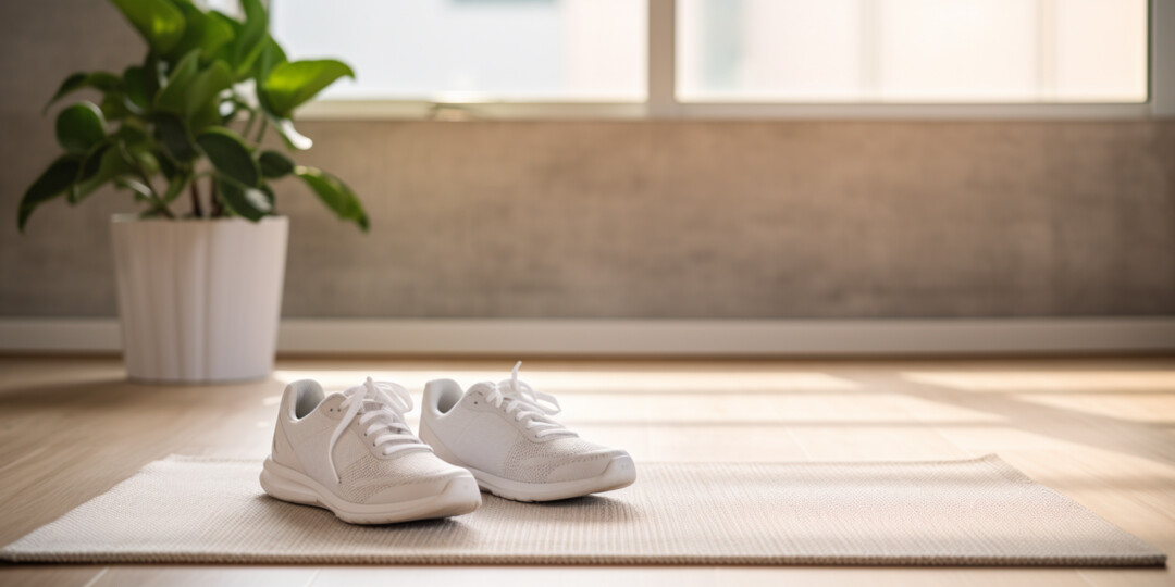 Білі жіночі кросівки стоять на килиму для йоги