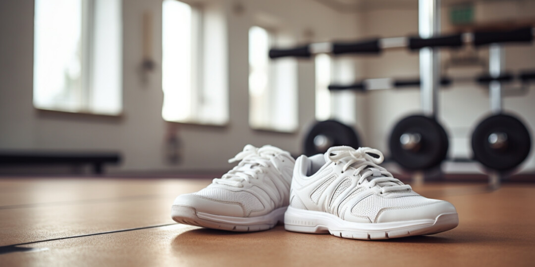 Білі жіночі кросівки в спортзалі