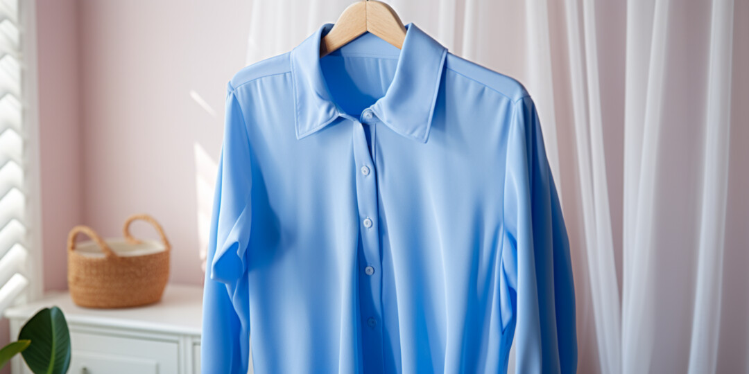 Жіноча блузка волошкового кольору на вішалці в гардеробі