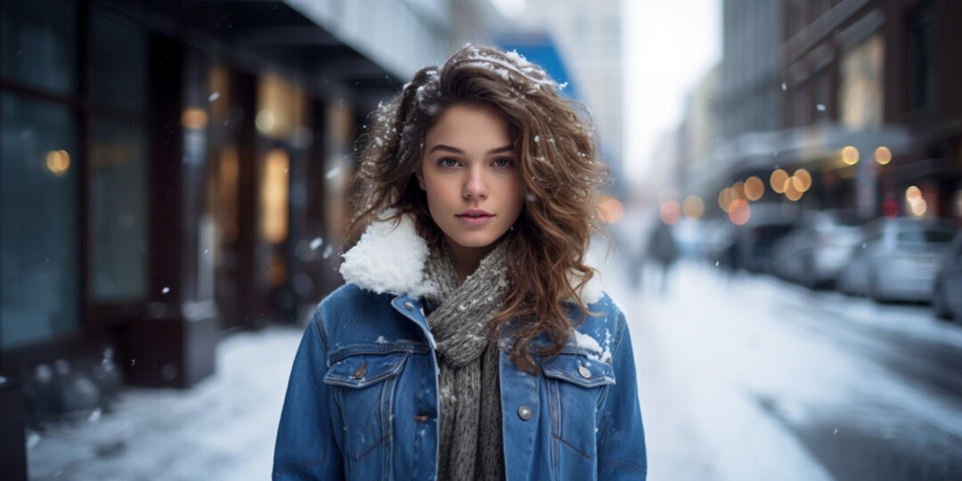Дівчина в джинсовій куртці на вулиці взимку