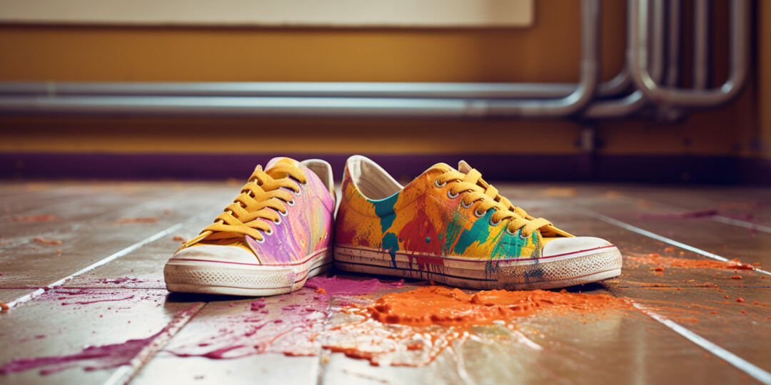 Жіночі замшеві пофарбовані кросівки на підлозі у фарбі