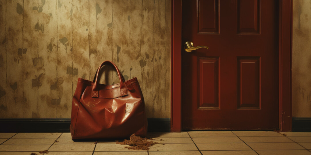 Брудна жіноча шкіряна сумка стоїть в коридорі