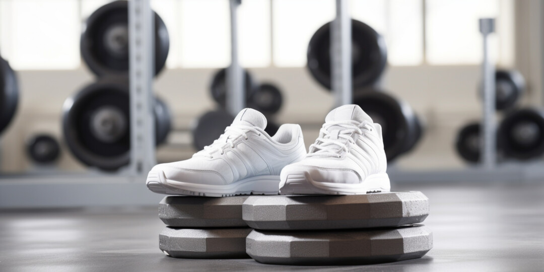 Білі жіночі кросівки стоять на дисках в спортзалі