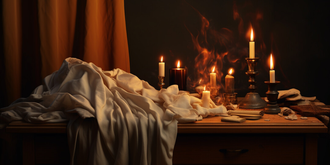 На столі стоять розплавлені свічки та поруч лежить одяг