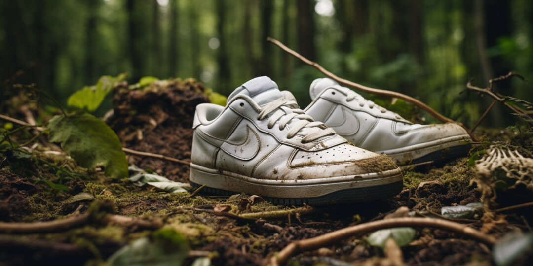 Білі брудні кросівки з екошкіри в лісі