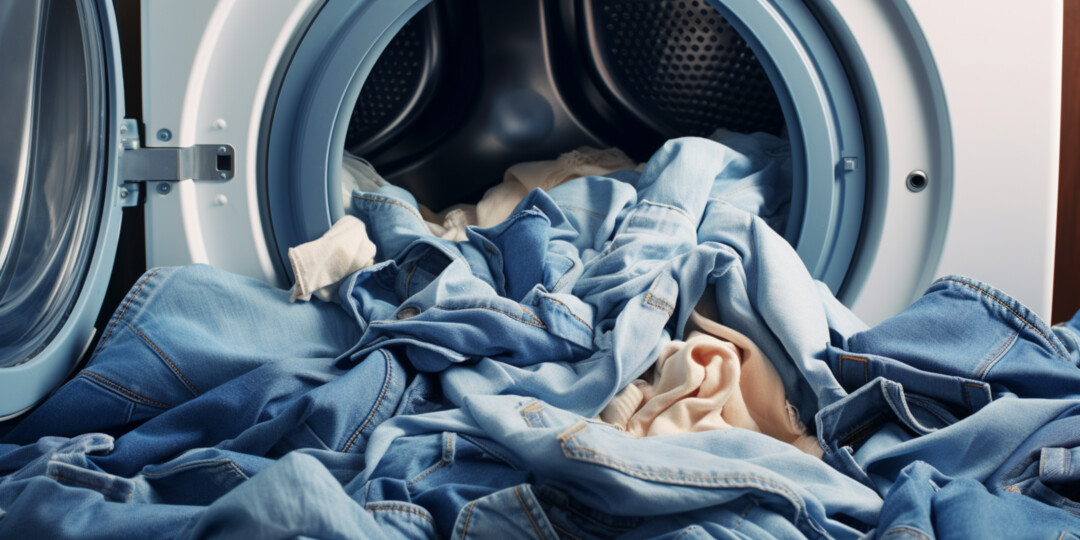 Складені сині джинси в пральній машинці