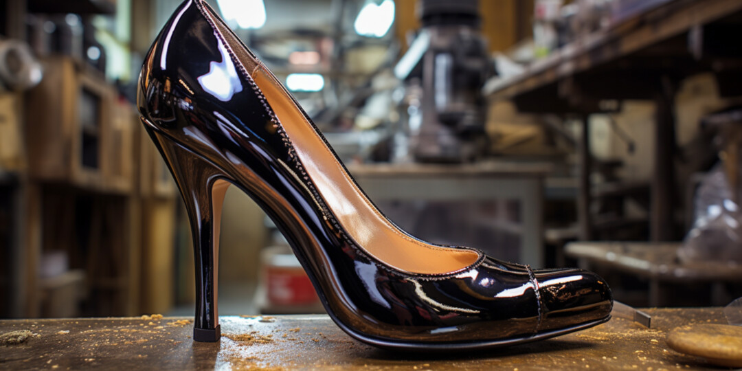 Чорні жіночі лаковані туфлі в майстерні з ремонту взуття