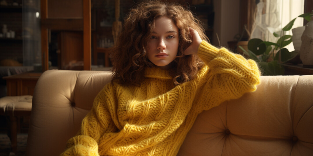 Дівчина в повсякденному жовтому в'язаному светрі в вітальні