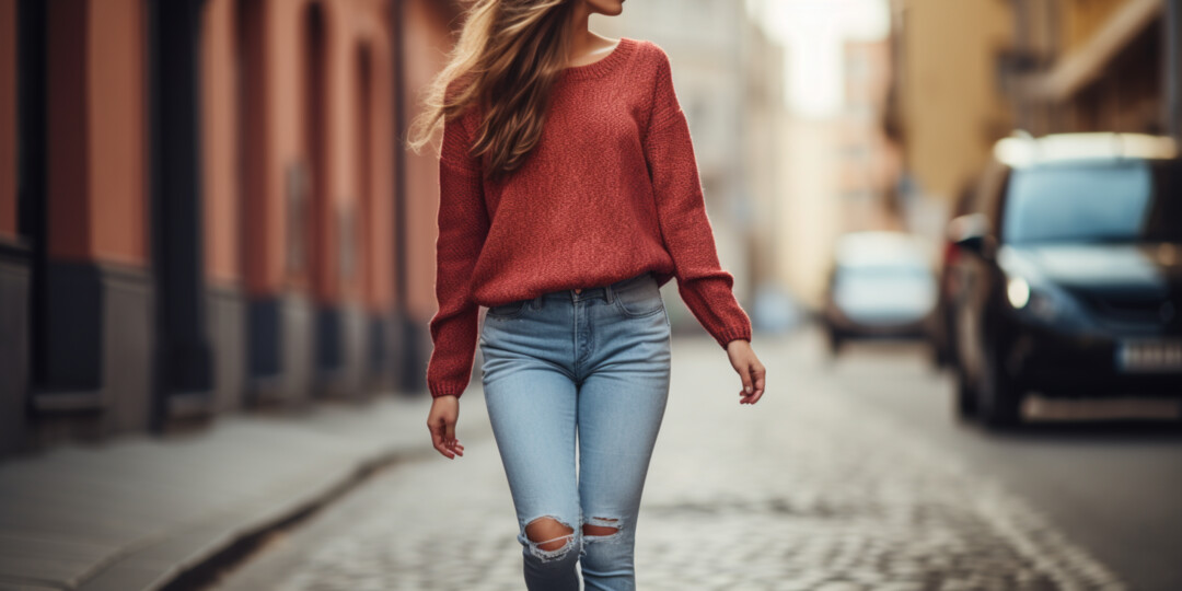 Модель в Skinny jeans та у  в'язаному светрі на вулиці