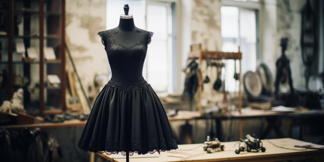 Чорна жіноча сукня на манекені в ательє