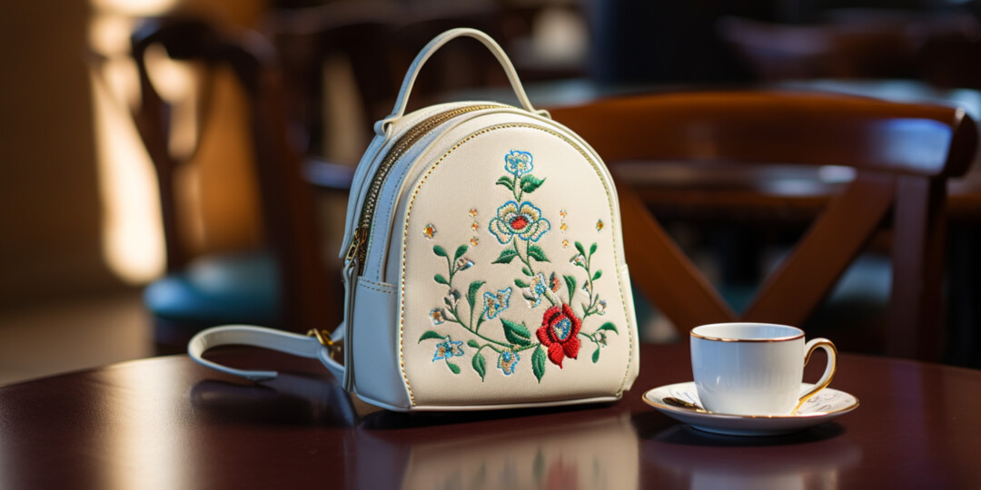Маленький жіночий рюкзак з вишивкою на столі в ресторані
