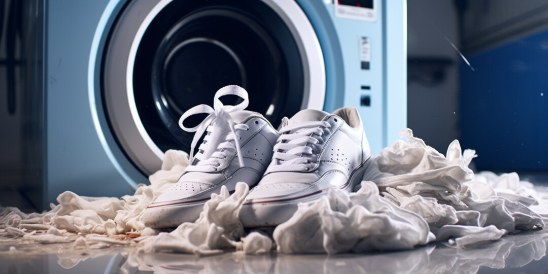 Білі жіночі кеди біля пральної машинки після прання