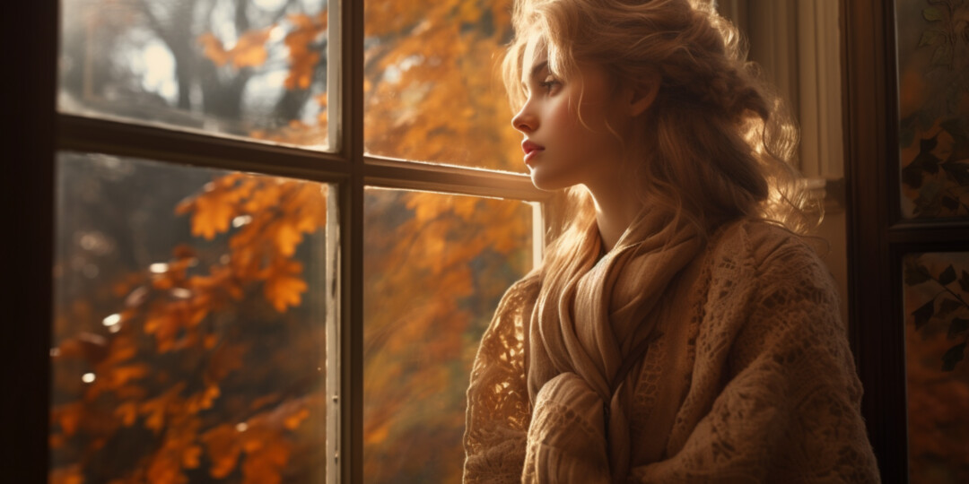 Дівчина в светрі оверсайз біля вікна з виглядом на осінній парк