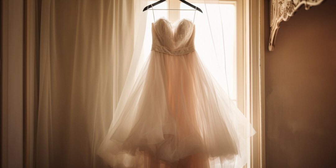 Світла фатинова сукня на вішалці в гардеробі