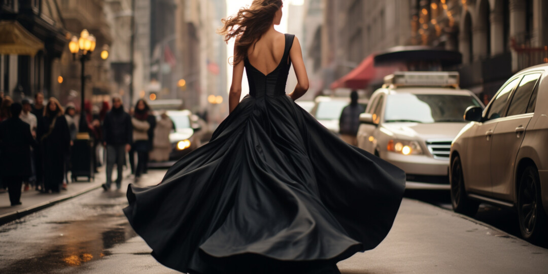 Дівчина в чорній довгій атласній сукні гуляє містом