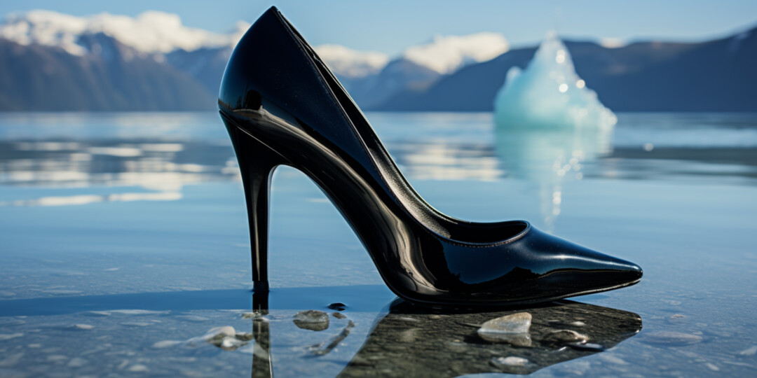 Чорні жіночі лаковані туфлі на березі океану посеред айсбергів