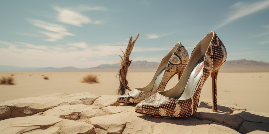 Жіночі туфлі на підборах зі зміїним принтом в пустелі