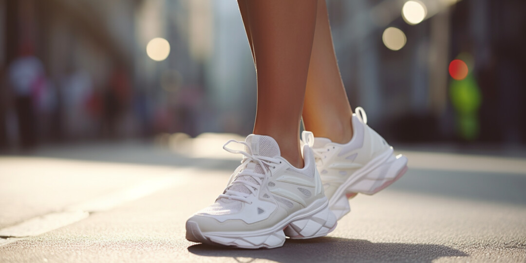 Жінка гуляє по вулиці в білих масивних кросівках