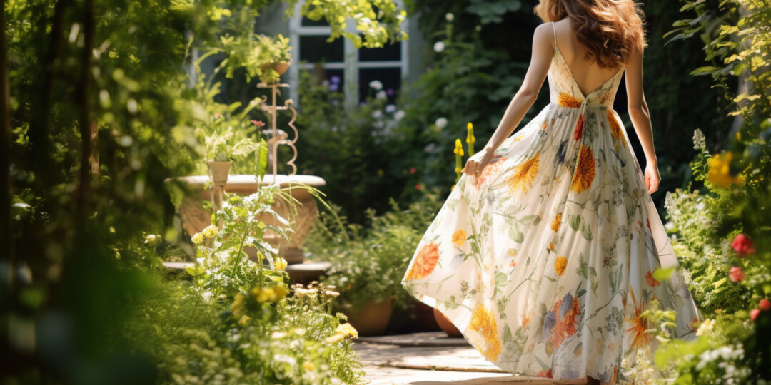 Дівчина в сукні в квіти та в босоніжках гуляє по саду