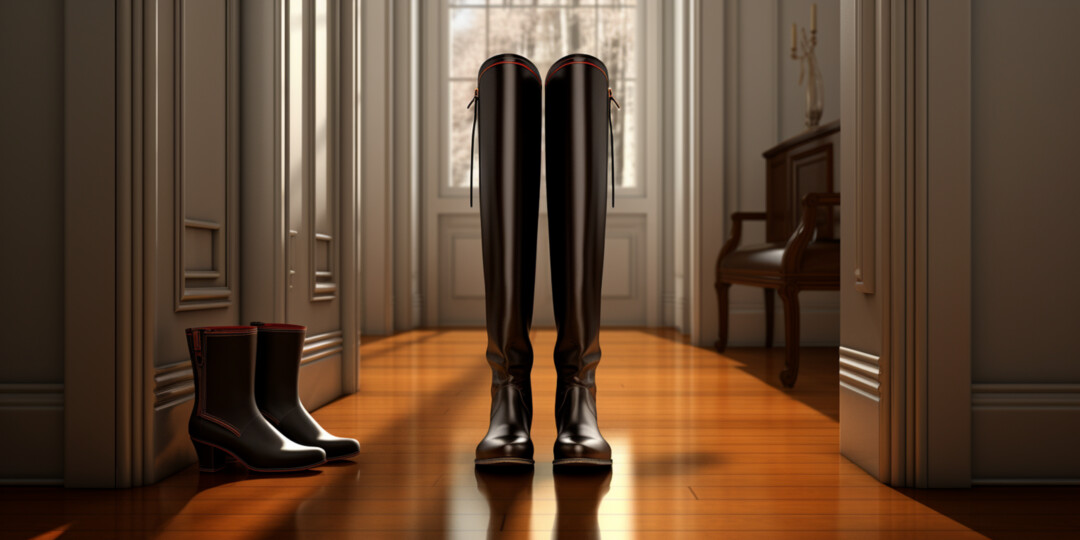 Високі чорні жіночі черевики з широким верхом стоять в коридорі