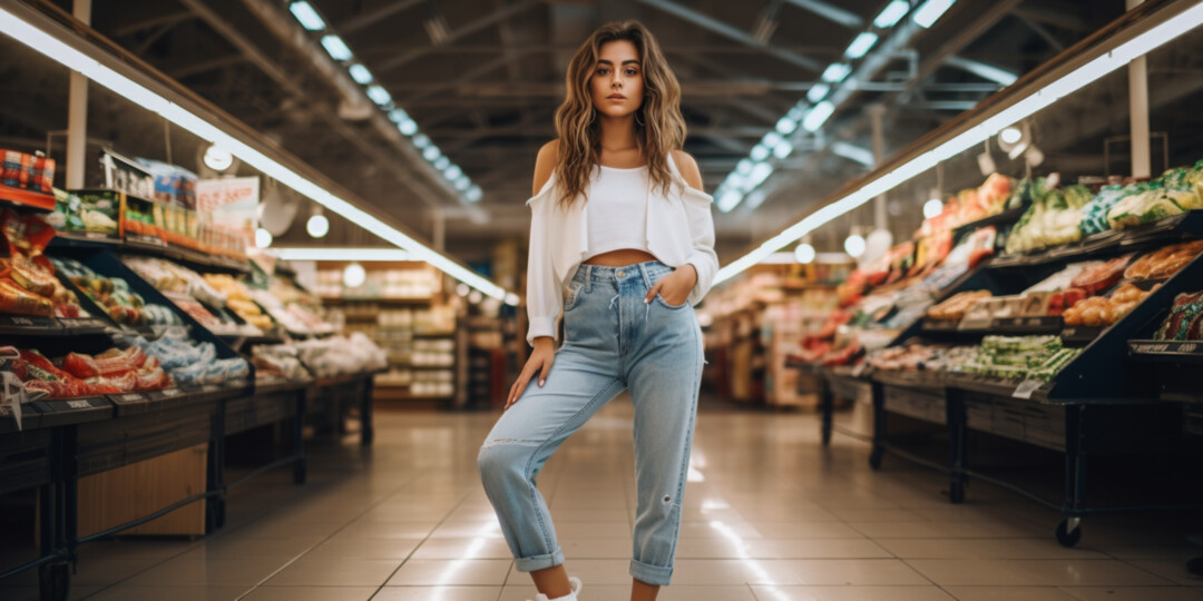 Модель в MOM jeans, з білими кросівками та кроп-топом в магазині продуктів