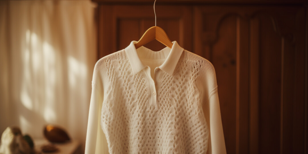 Бежевий жіночий светр з коміром висить на вішалці в гардеробі