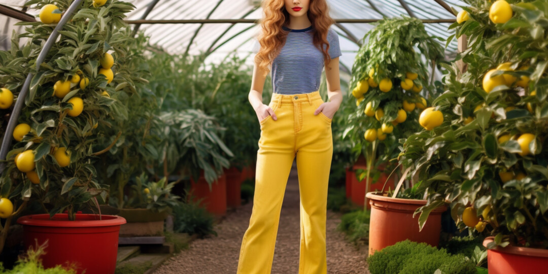Модель в жовтих Regular jeans та полосатій футболці в саду лимонів